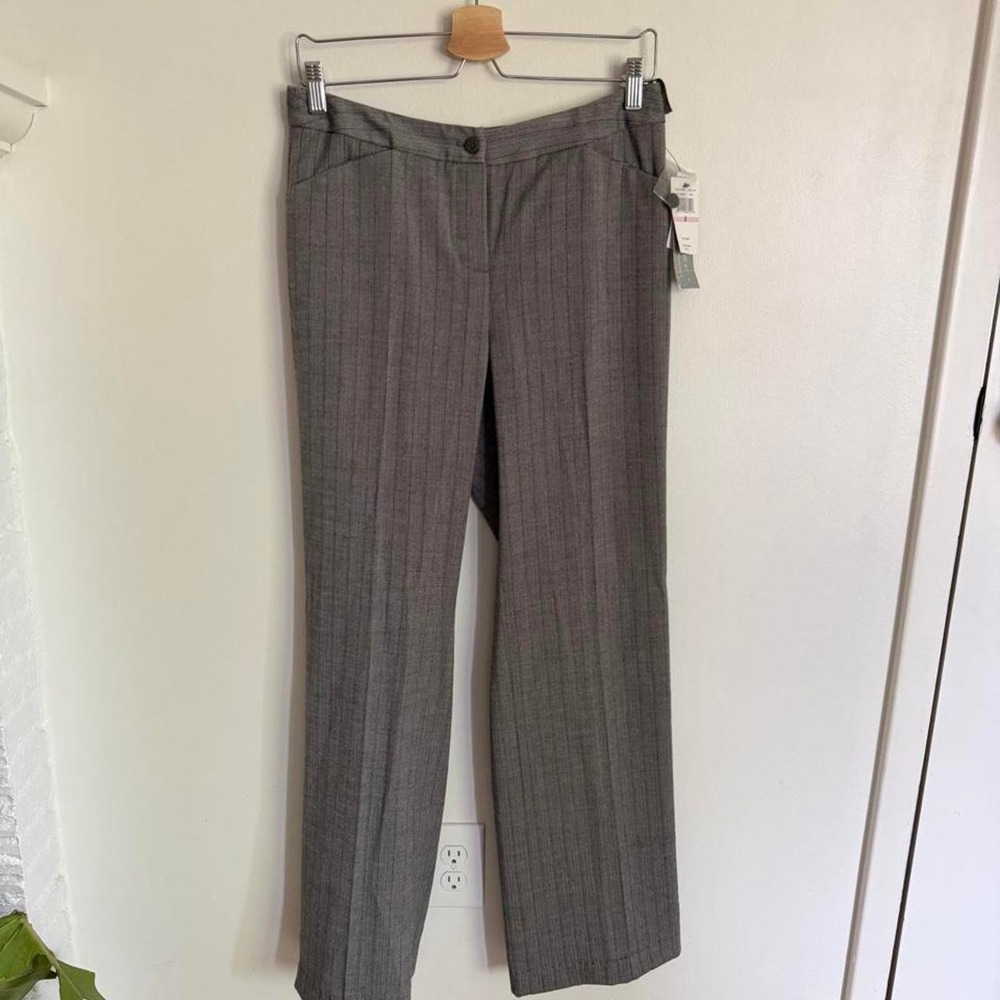 Gray herringbone twee pants with thin white vertical stripes